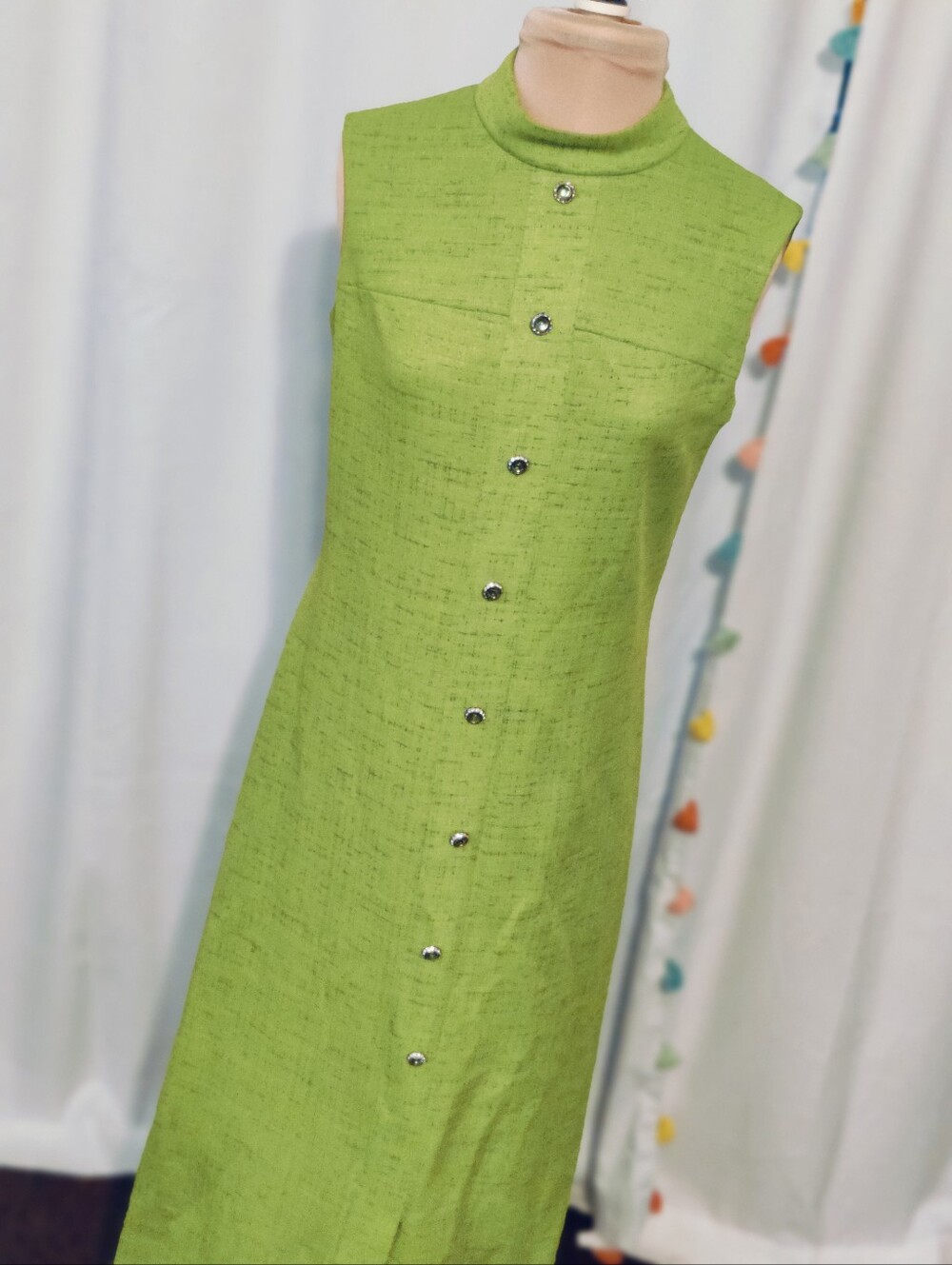 Iconic 70s Hostess Column Dress Maxi Stone Buttons Front Slit Knitwear S